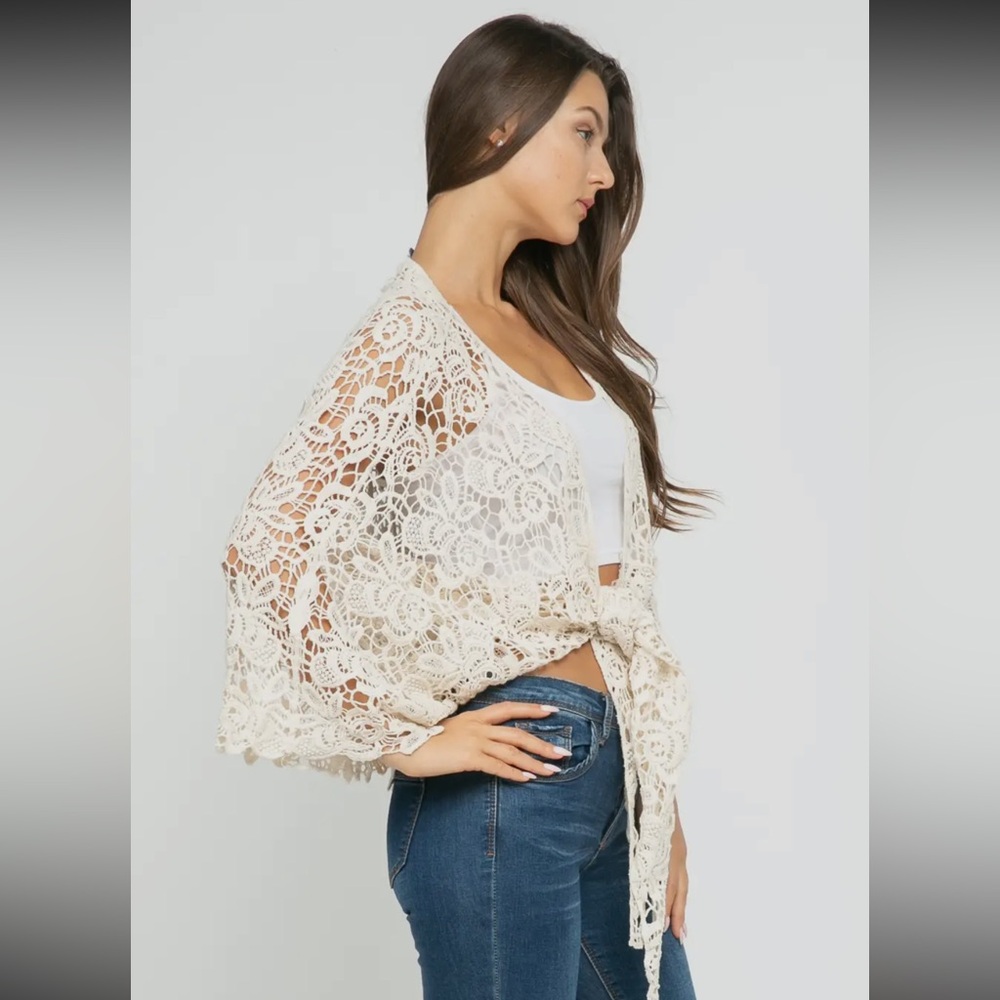 Raj Ivory Cream Lace Crochet Women's Cardigan Shrug Kimono - Picture 4 of 7